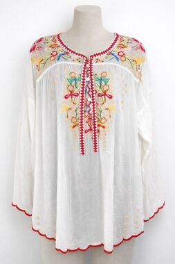 Johnny Was Dragonfly Embroidered Bohemian Boho Blouse White Gauze Tunic Top Sz L